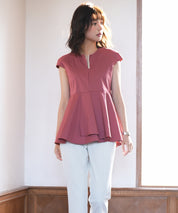 パール付きキーネックペプラムブラウスsdp0076 レンガ