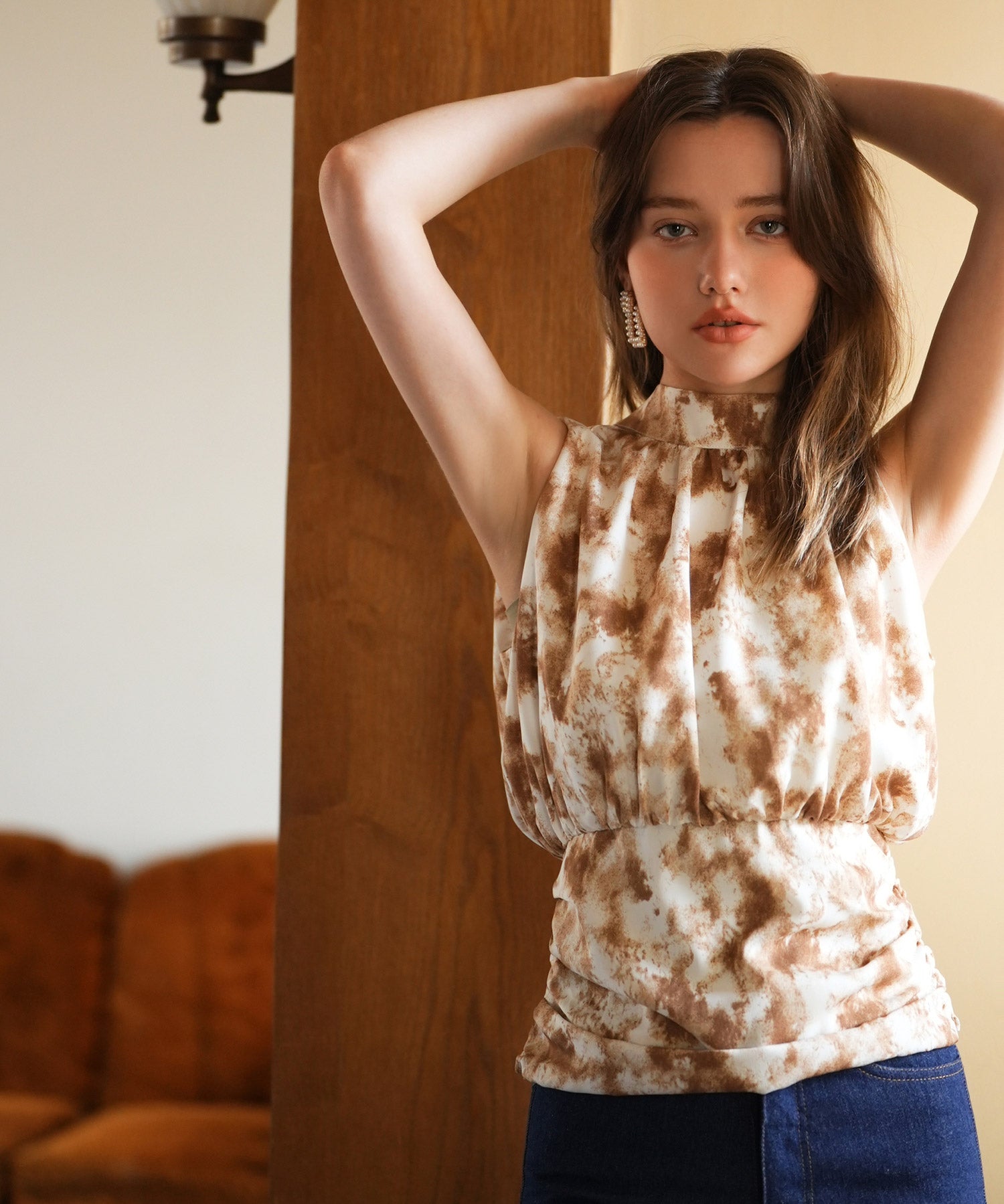 バックリボンスプラッシュ柄ノースリーブラウスsdp0077 ブラウン