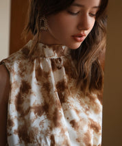 バックリボンスプラッシュ柄ノースリーブラウスsdp0077 ブラウン