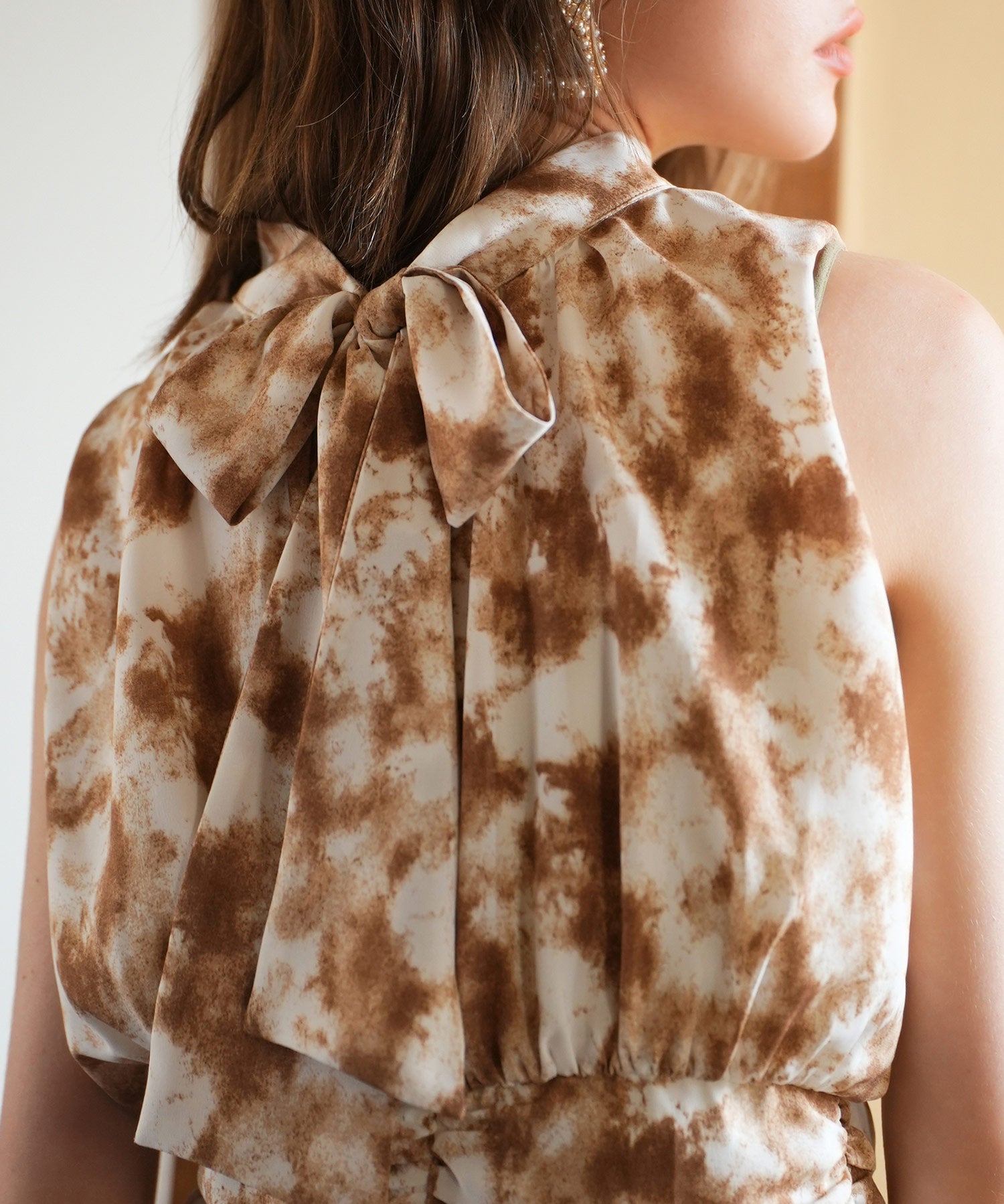 バックリボンスプラッシュ柄ノースリーブラウスsdp0077 ブラウン