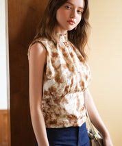 バックリボンスプラッシュ柄ノースリーブラウスsdp0077 ブラウン