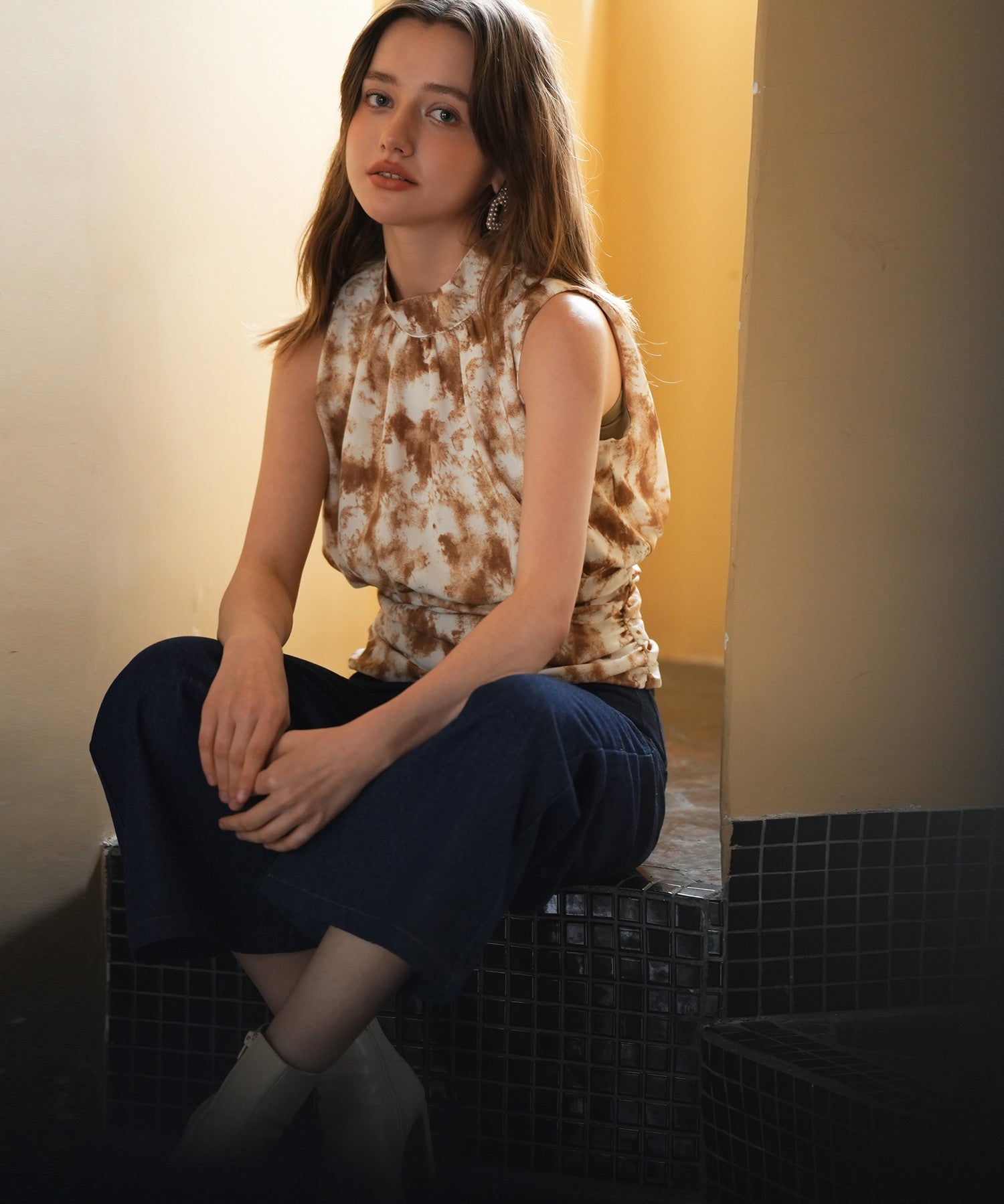 バックリボンスプラッシュ柄ノースリーブラウスsdp0077 ブラウン