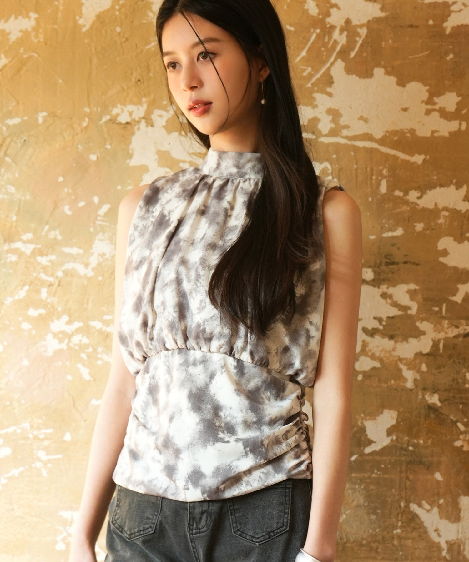 バックリボンスプラッシュ柄ノースリーブラウスsdp0077 グレー