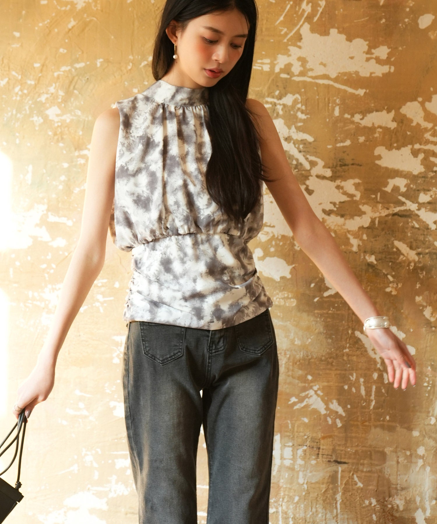 バックリボンスプラッシュ柄ノースリーブラウスsdp0077 グレー