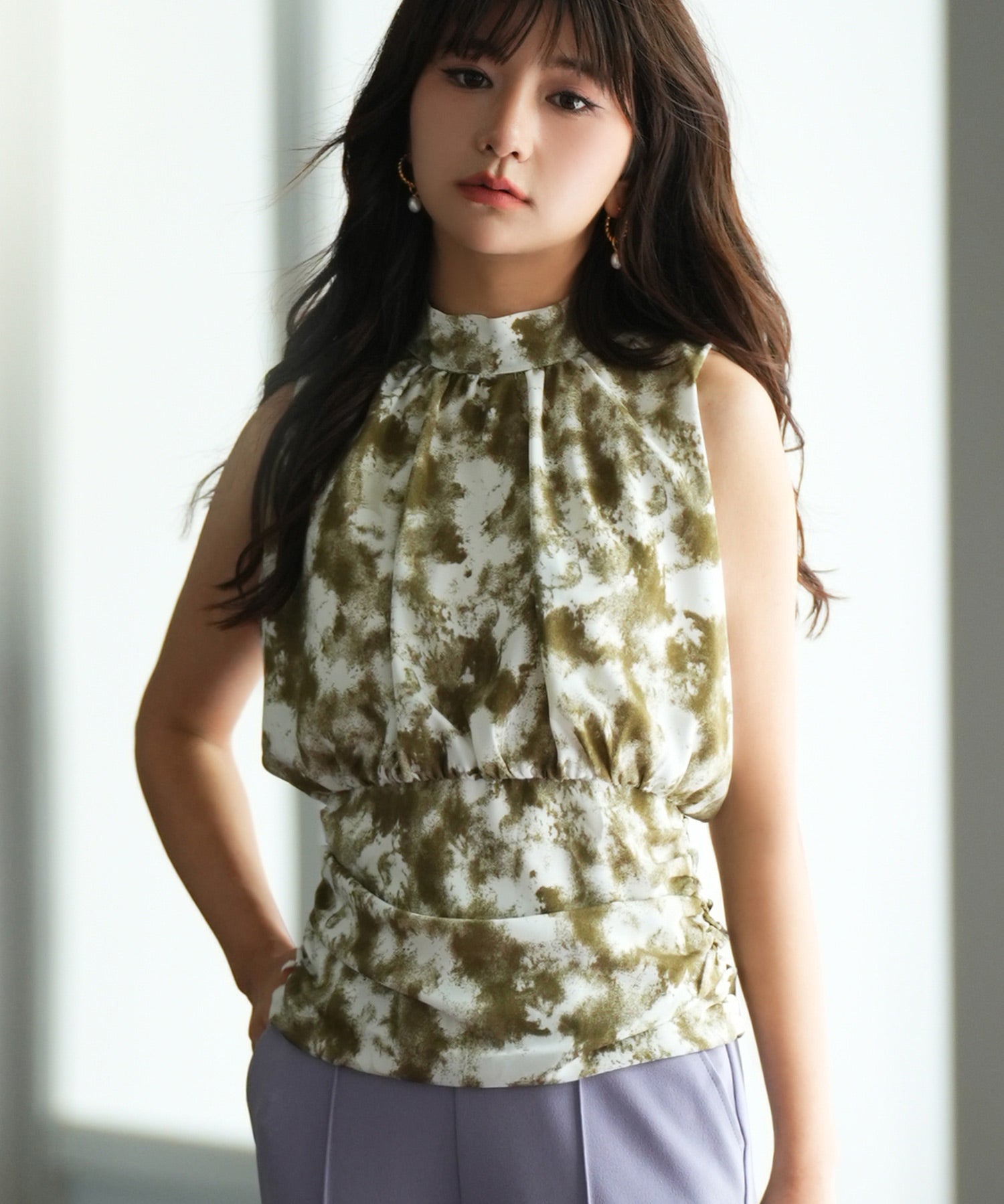 バックリボンスプラッシュ柄ノースリーブラウスsdp0077 グリーン