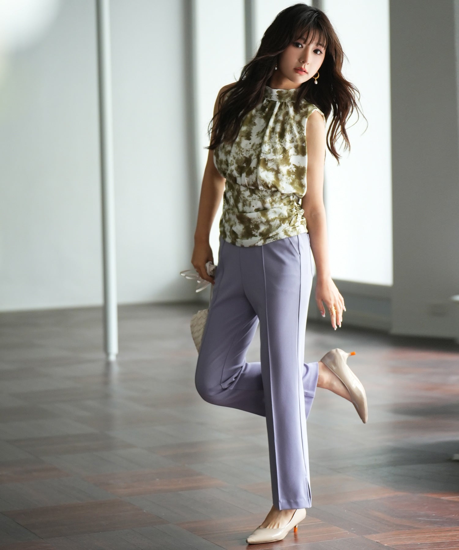 バックリボンスプラッシュ柄ノースリーブラウスsdp0077 グリーン