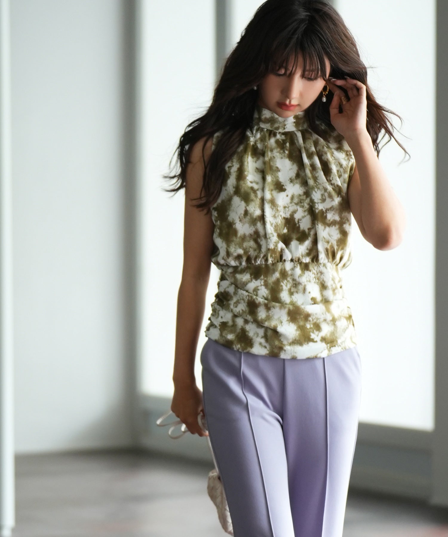 バックリボンスプラッシュ柄ノースリーブラウスsdp0077 グリーン