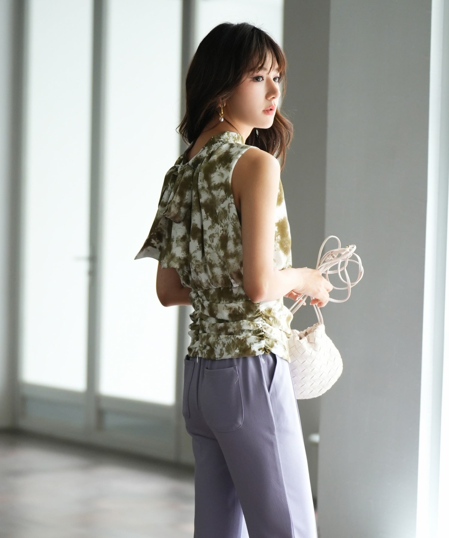 バックリボンスプラッシュ柄ノースリーブラウスsdp0077 グリーン