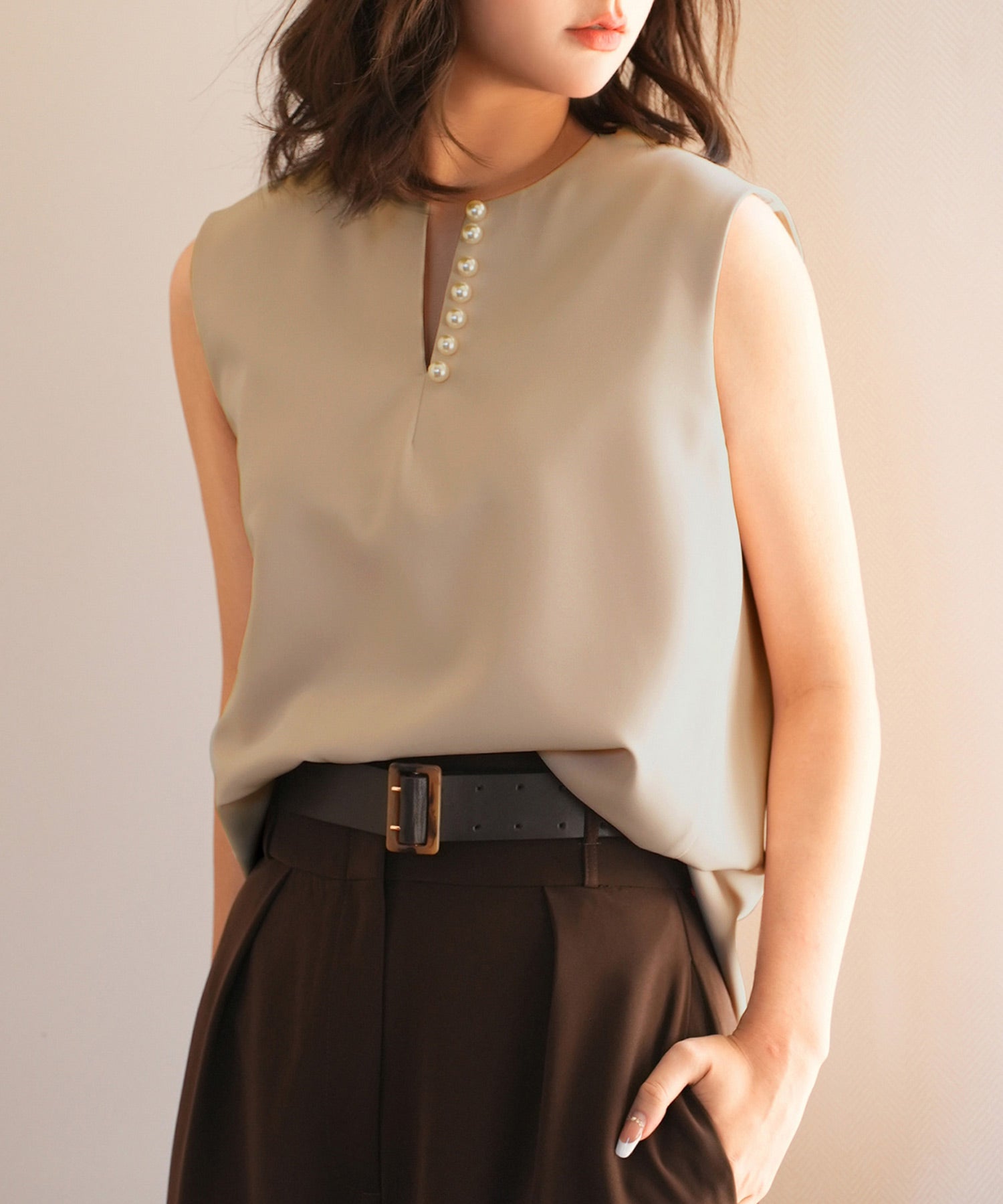 パールキーネックノースリーブブラウスsdp0078-102-14