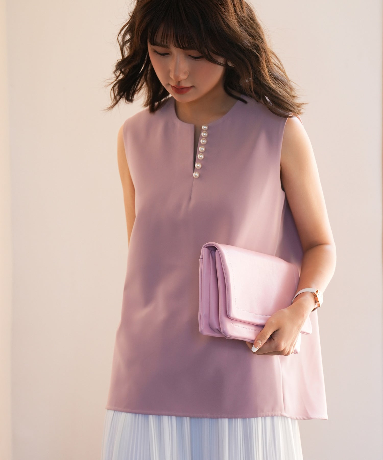 パールキーネックノースリーブブラウスsdp0078 ピンク