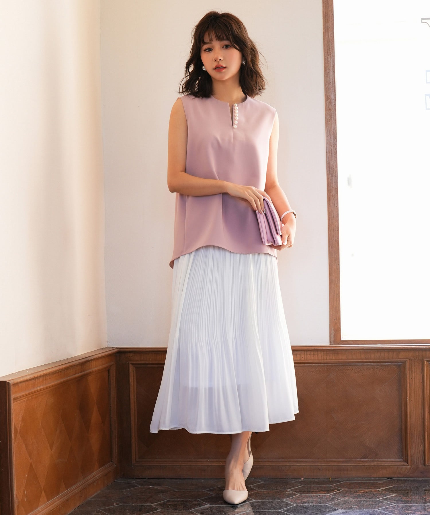 パールキーネックノースリーブブラウスsdp0078 ピンク