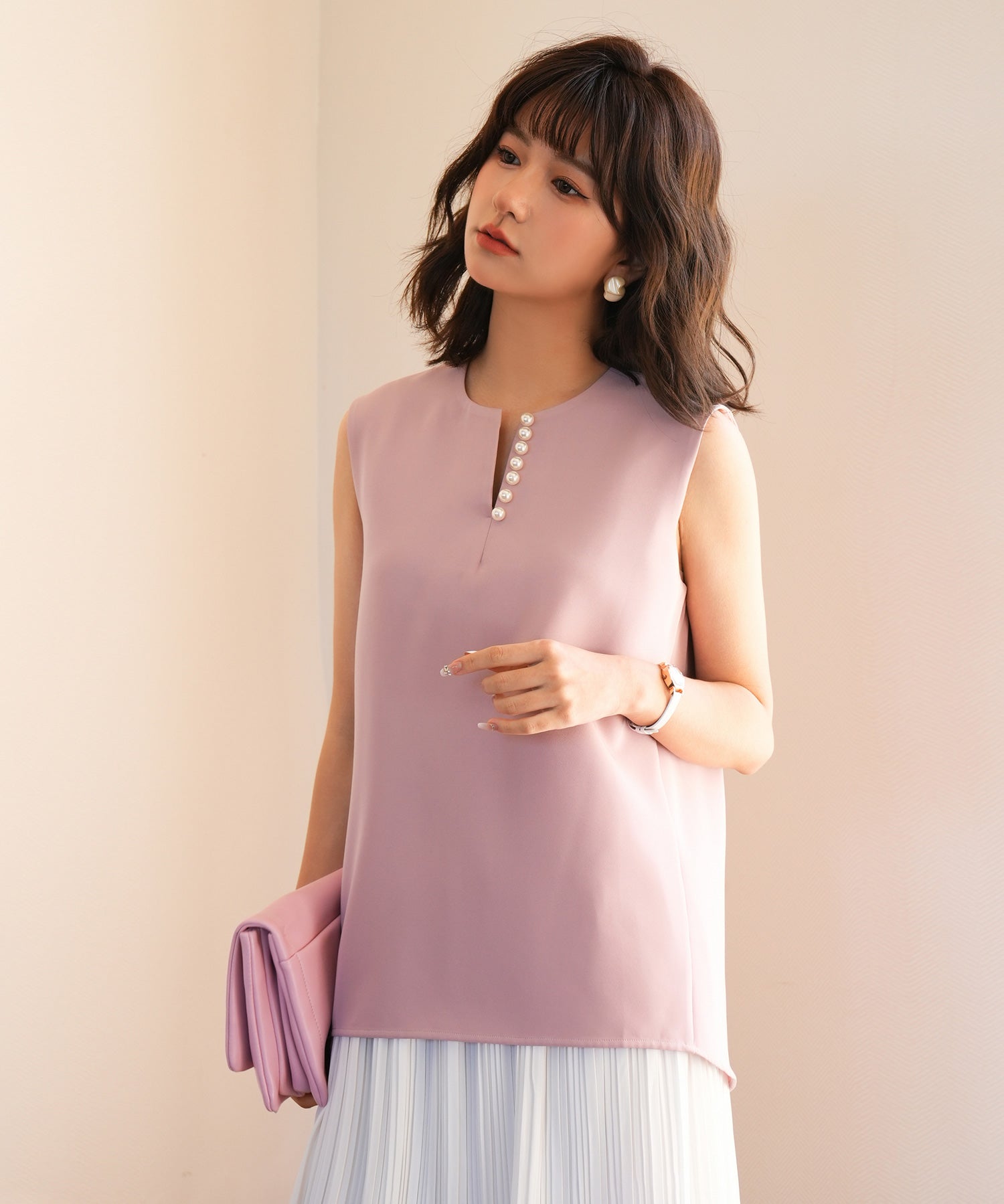 パールキーネックノースリーブブラウスsdp0078 ピンク