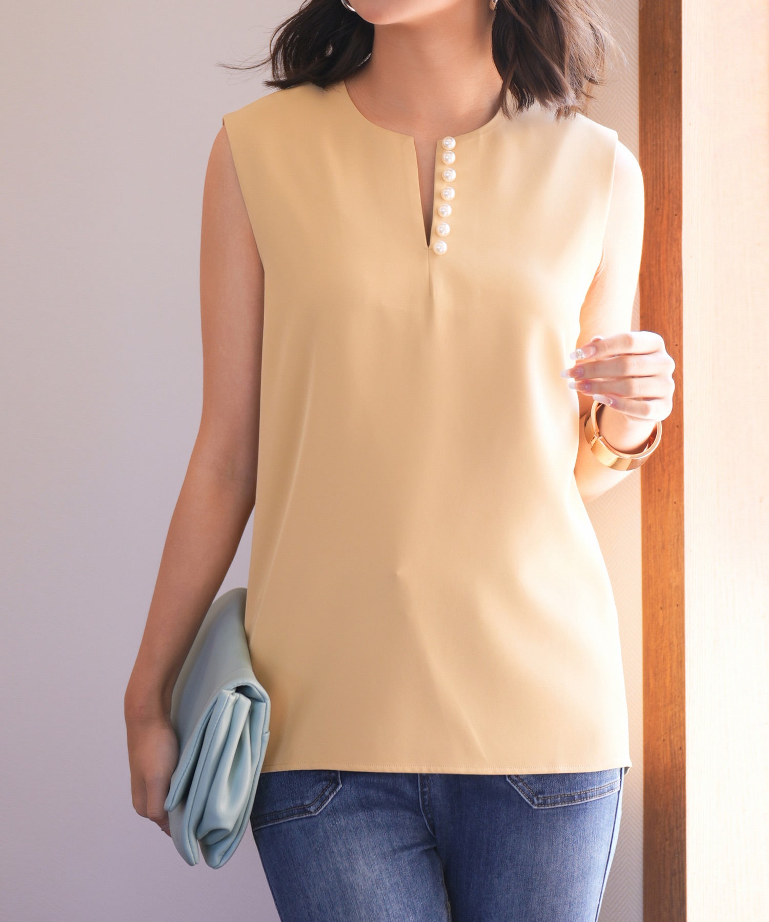 パールキーネックノースリーブブラウスsdp0078 イエロー