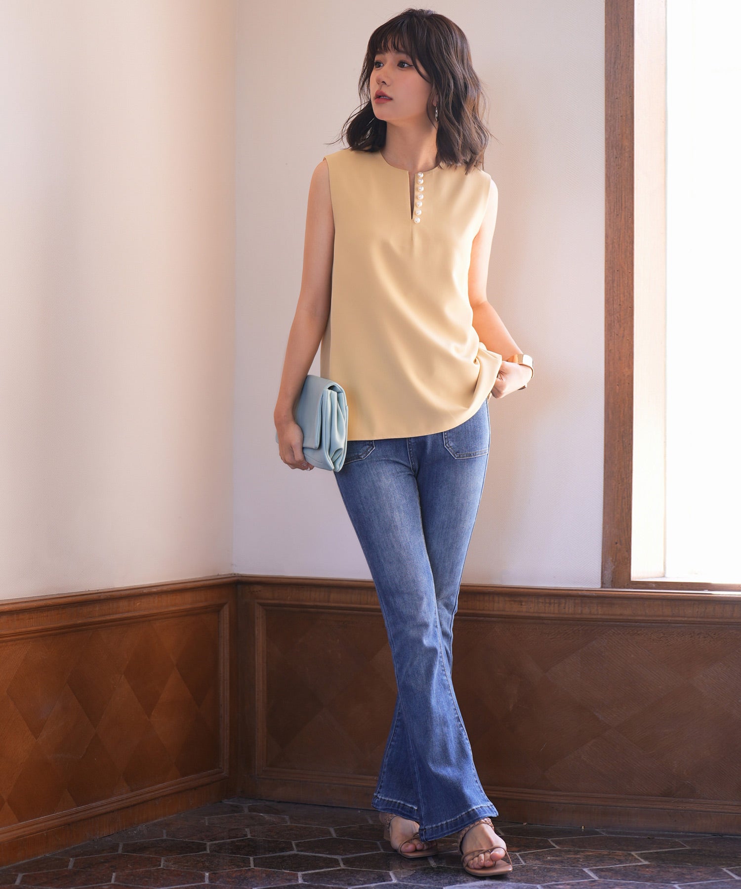 パールキーネックノースリーブブラウスsdp0078 イエロー