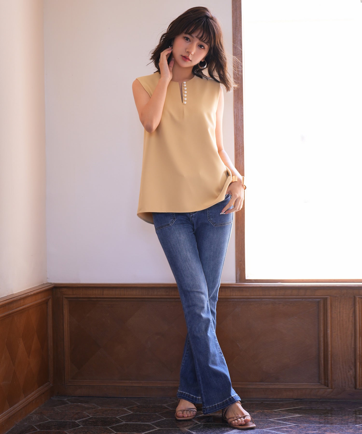 パールキーネックノースリーブブラウスsdp0078 イエロー