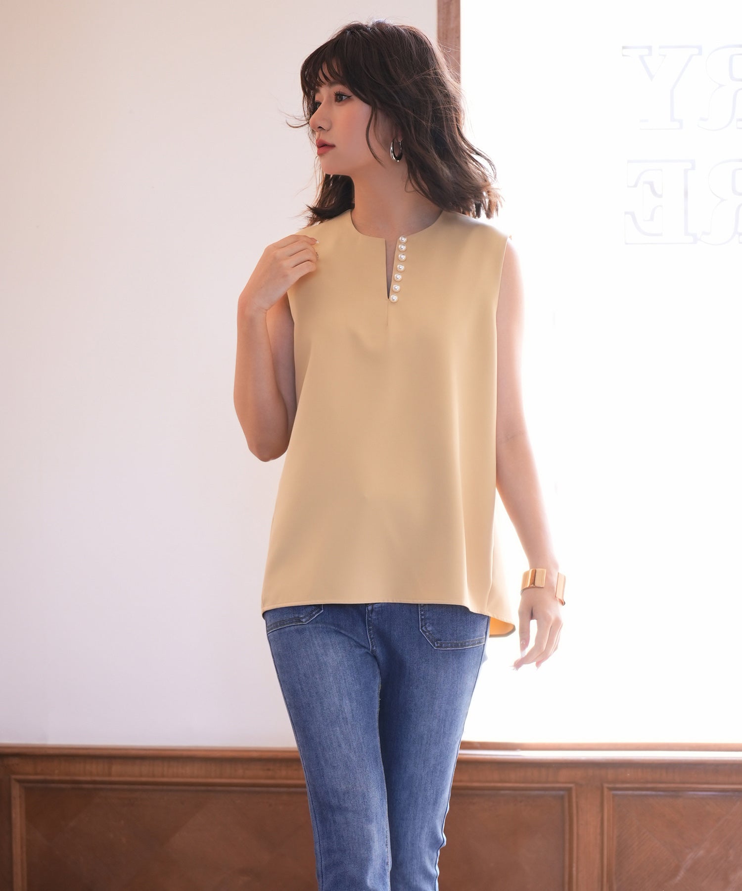 パールキーネックノースリーブブラウスsdp0078 イエロー