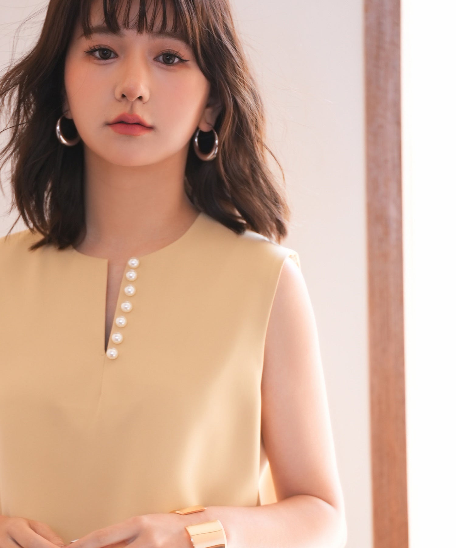 パールキーネックノースリーブブラウスsdp0078 イエロー