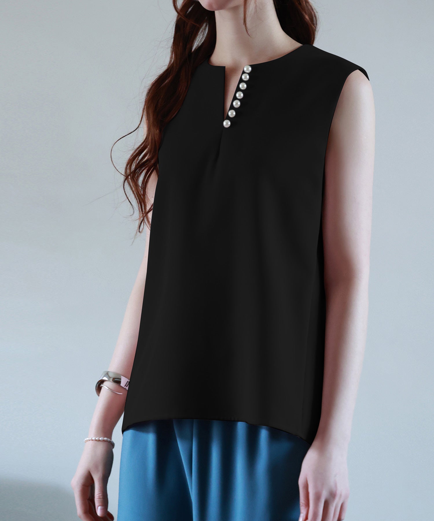 パールキーネックノースリーブブラウスsdp0078 ブラック