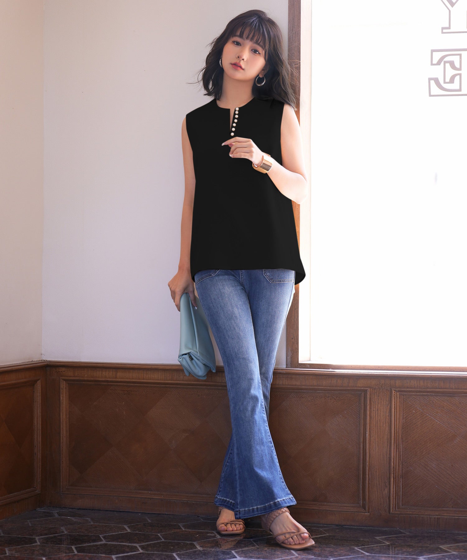 パールキーネックノースリーブブラウスsdp0078 ブラック