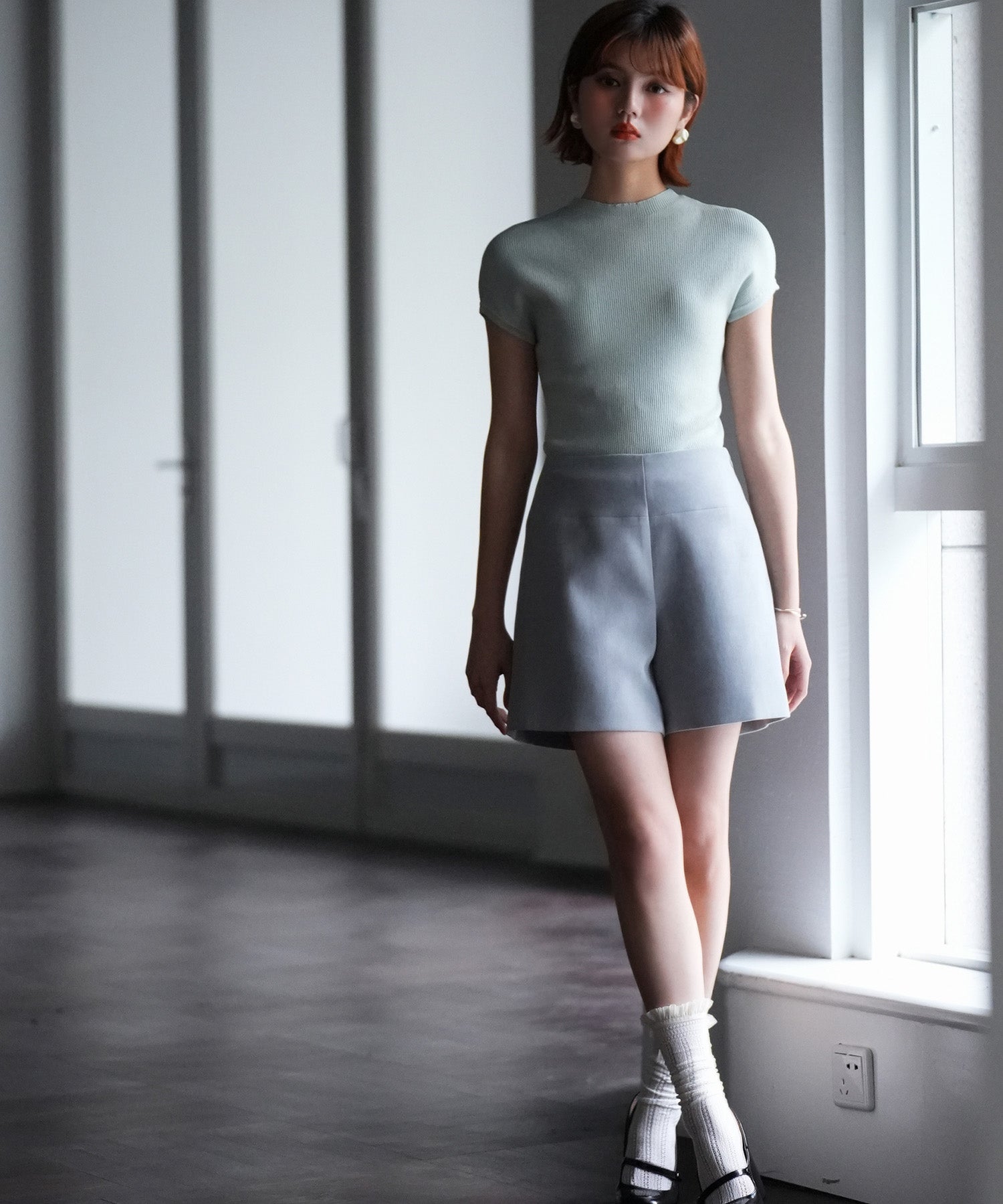 ツイル織ハイウエストショートパンツsdp0093 ブルーグレー