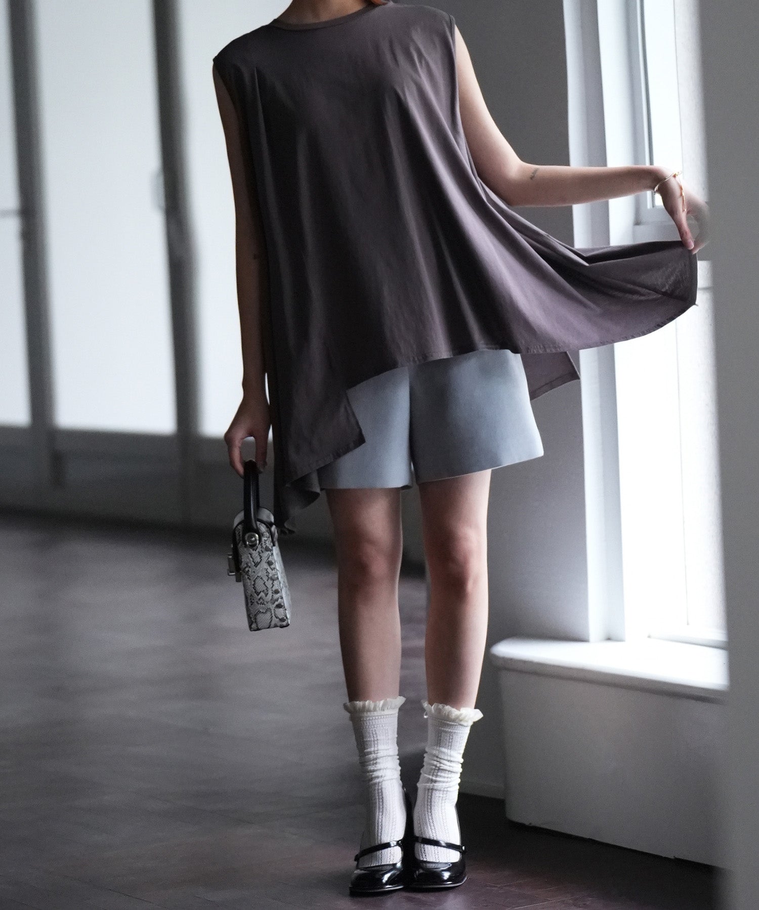 ツイル織ハイウエストショートパンツsdp0093 ブルーグレー