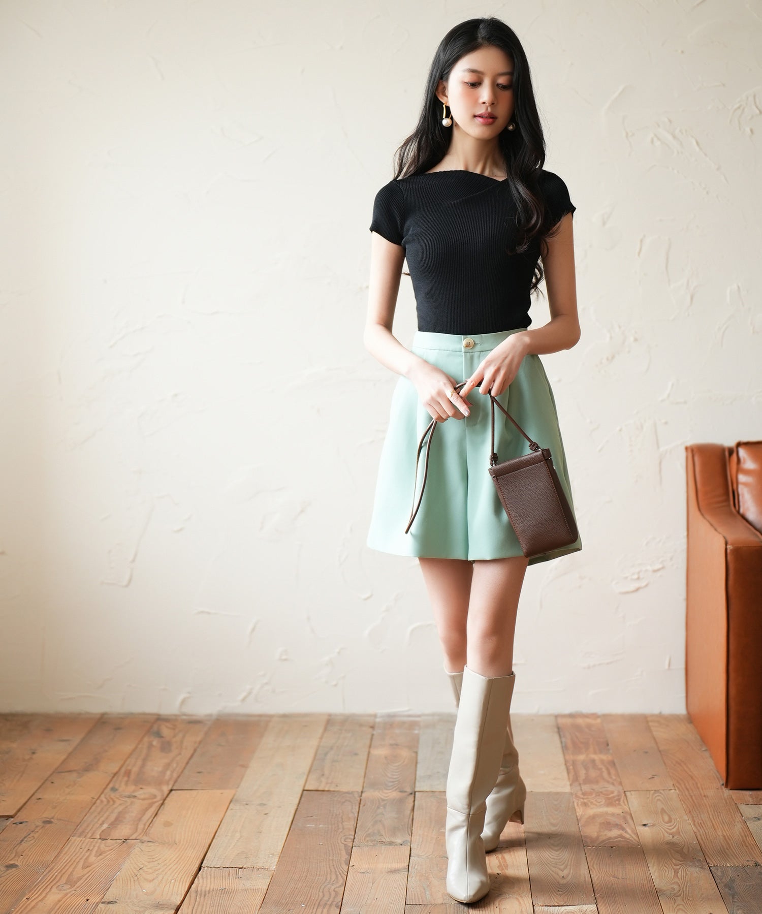 裏地付きハイウエストショートパンツsdp0096 グリーン