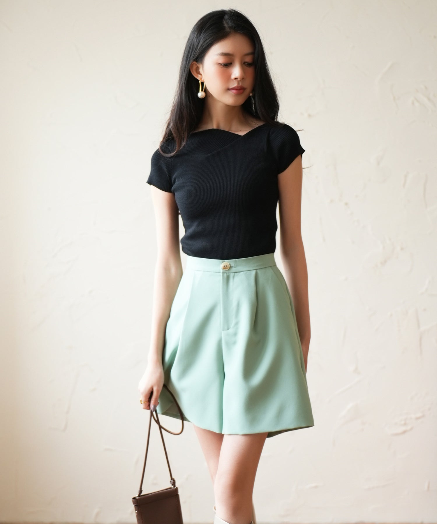 裏地付きハイウエストショートパンツsdp0096 グリーン