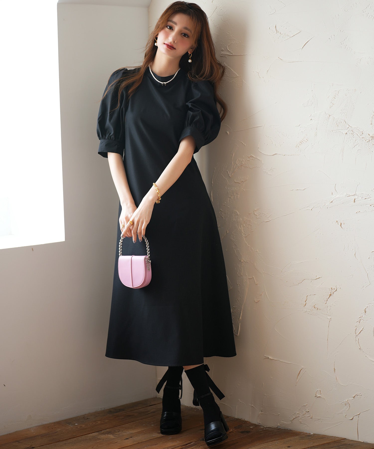 パフスリーブワンピースsdp0098 ブラック