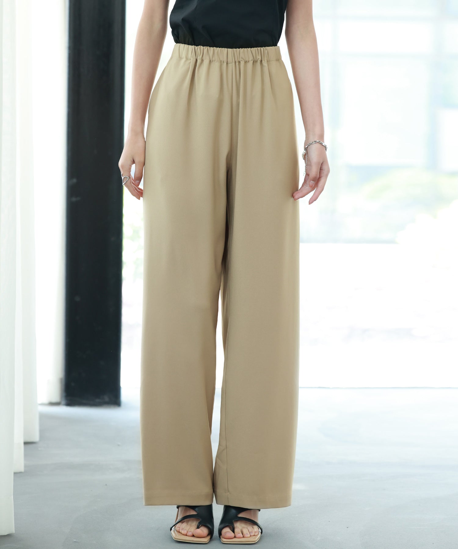 とろみ素材ウエスト総ゴムワイドパンツsdp0102 ベージュ