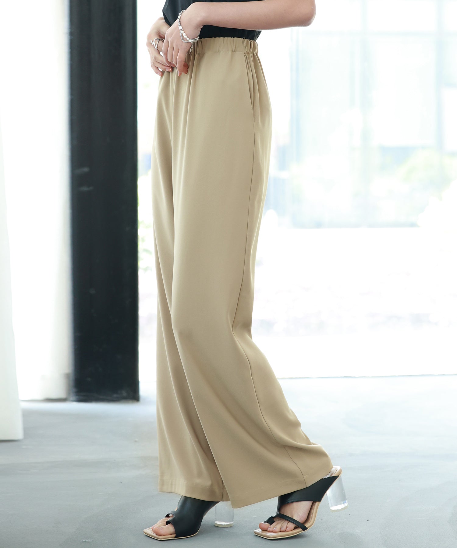 とろみ素材ウエスト総ゴムワイドパンツsdp0102 ベージュ