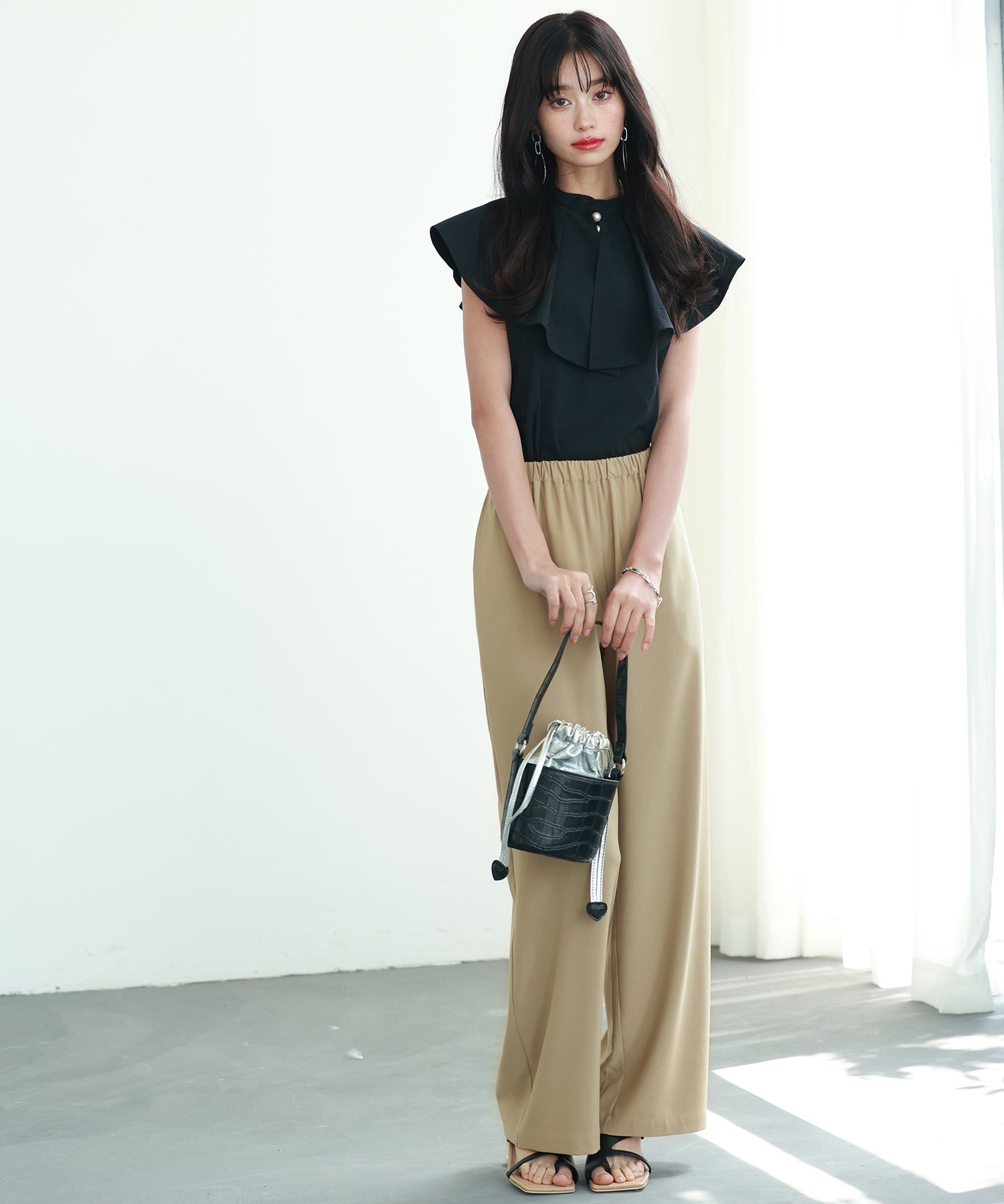 とろみ素材ウエスト総ゴムワイドパンツsdp0102 ベージュ