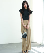 とろみ素材ウエスト総ゴムワイドパンツsdp0102 ベージュ