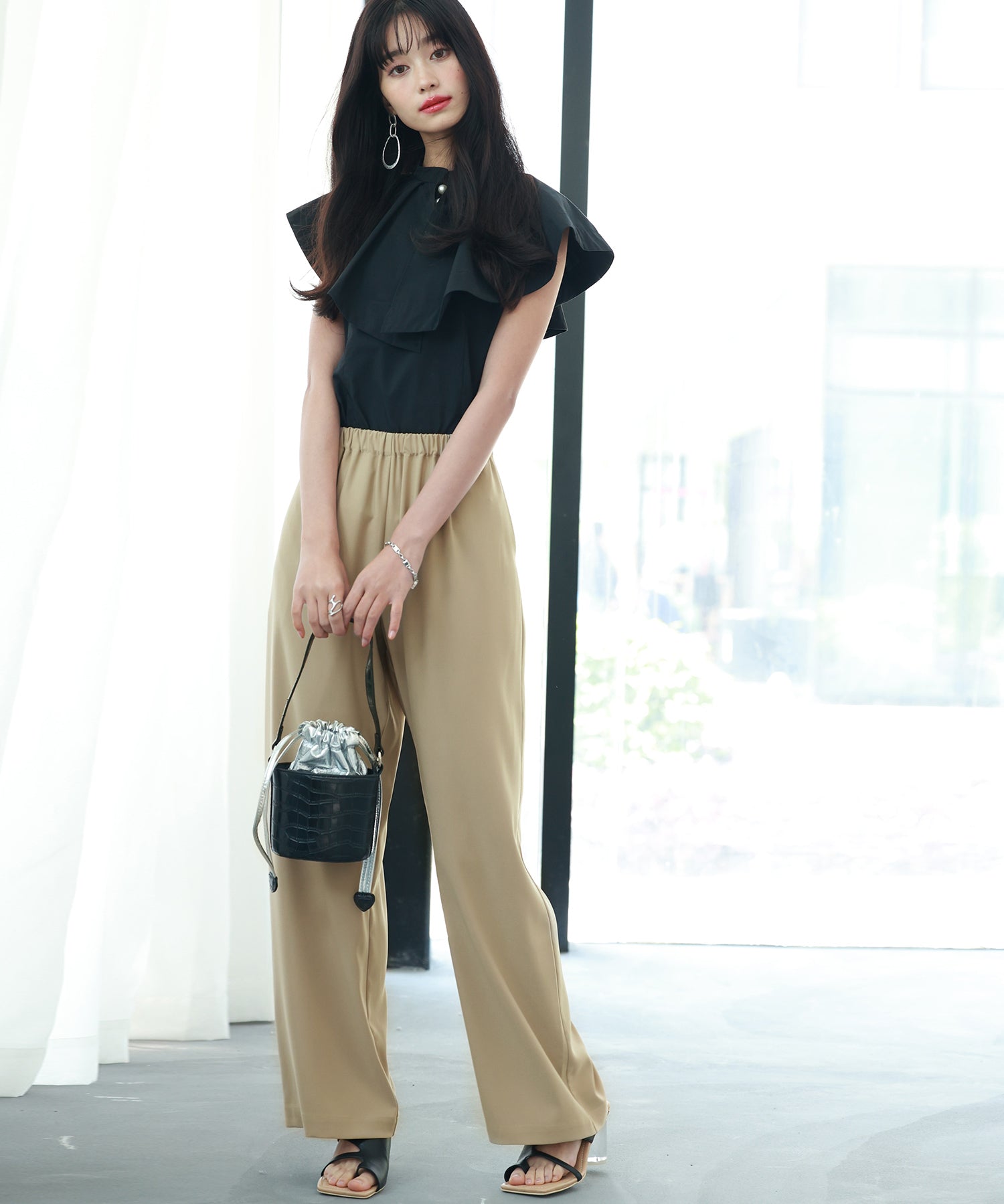 とろみ素材ウエスト総ゴムワイドパンツsdp0102 ベージュ