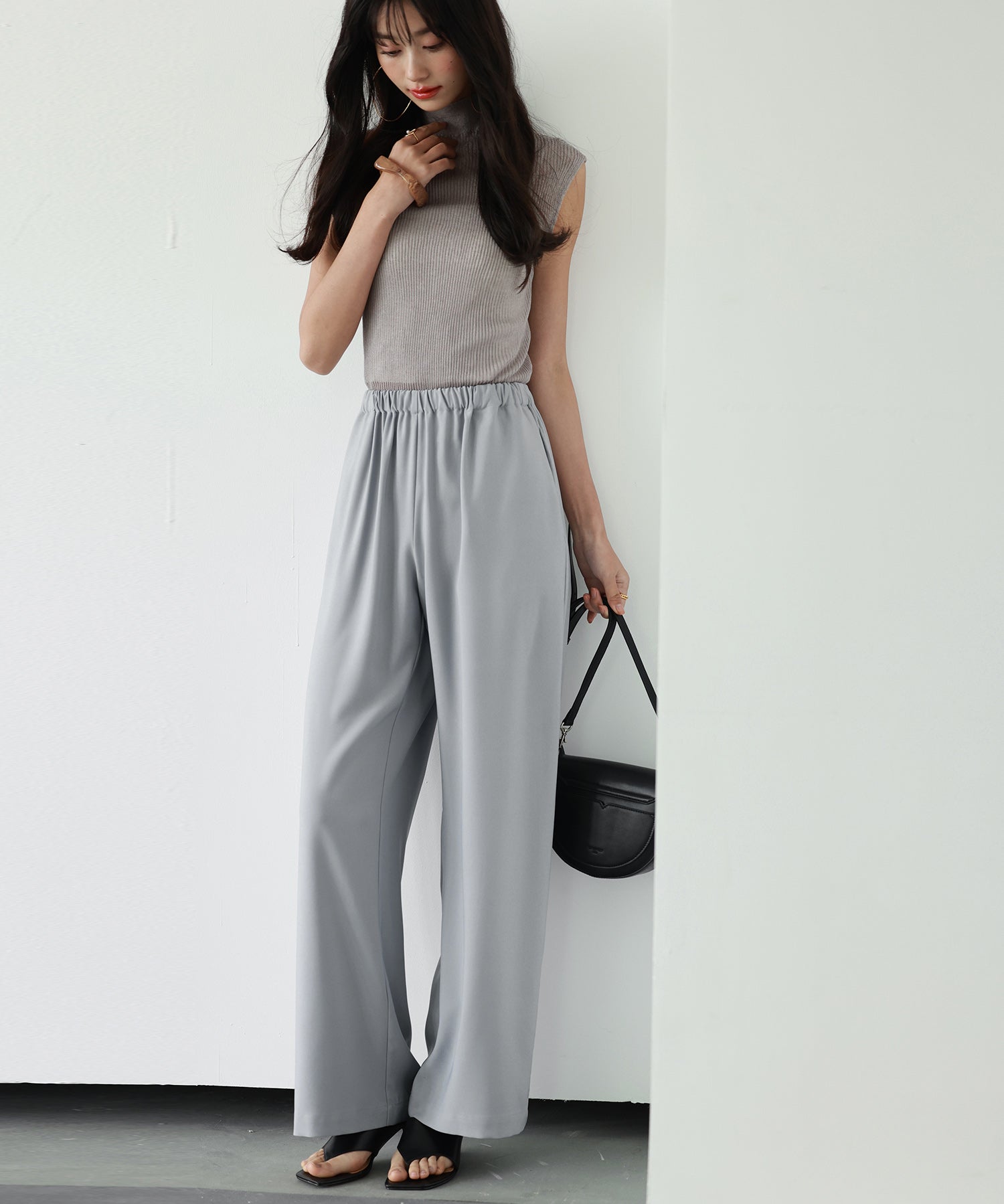 とろみ素材ウエスト総ゴムワイドパンツsdp0102 グレー