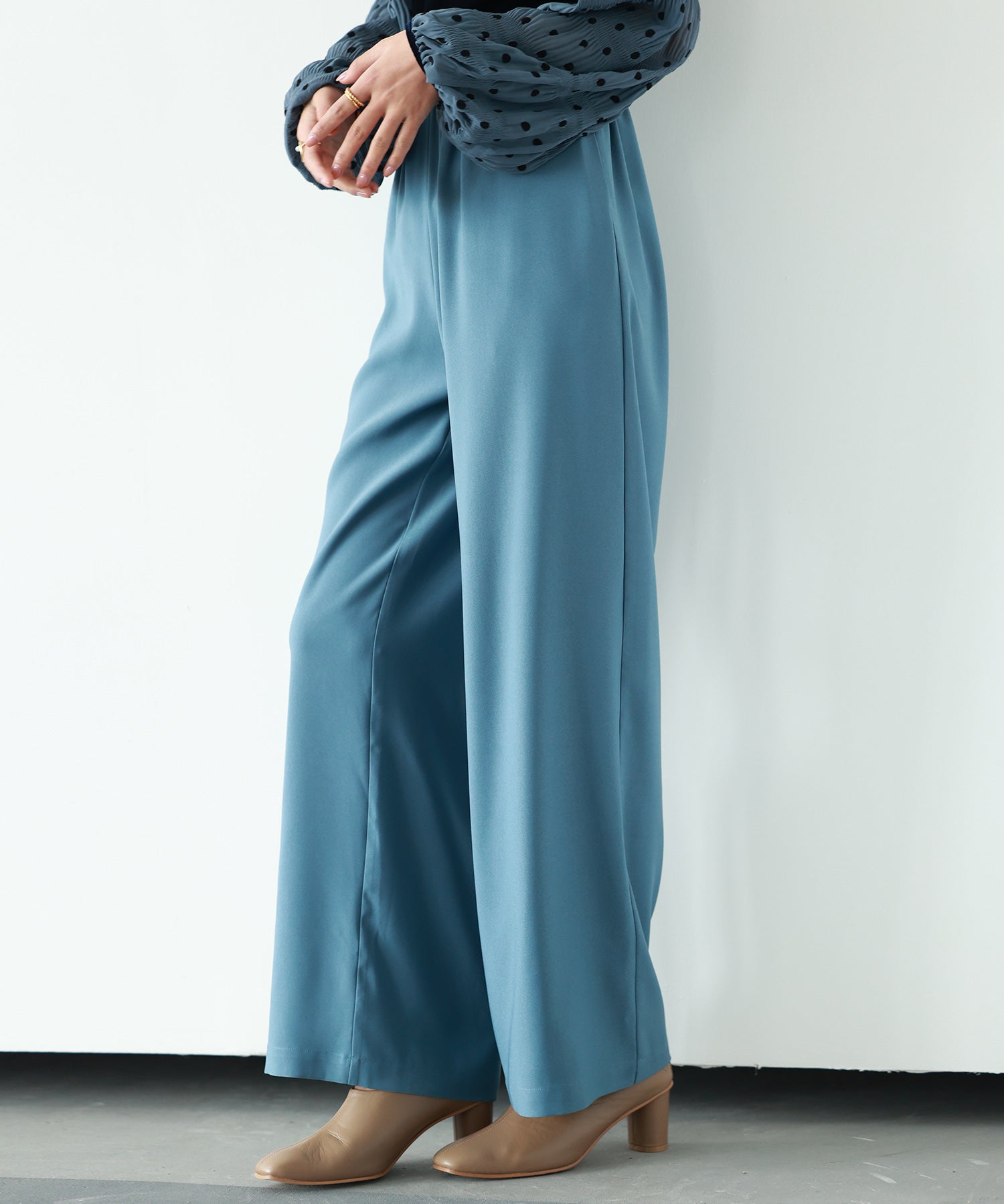 とろみ素材ウエスト総ゴムワイドパンツsdp0102 ブルー