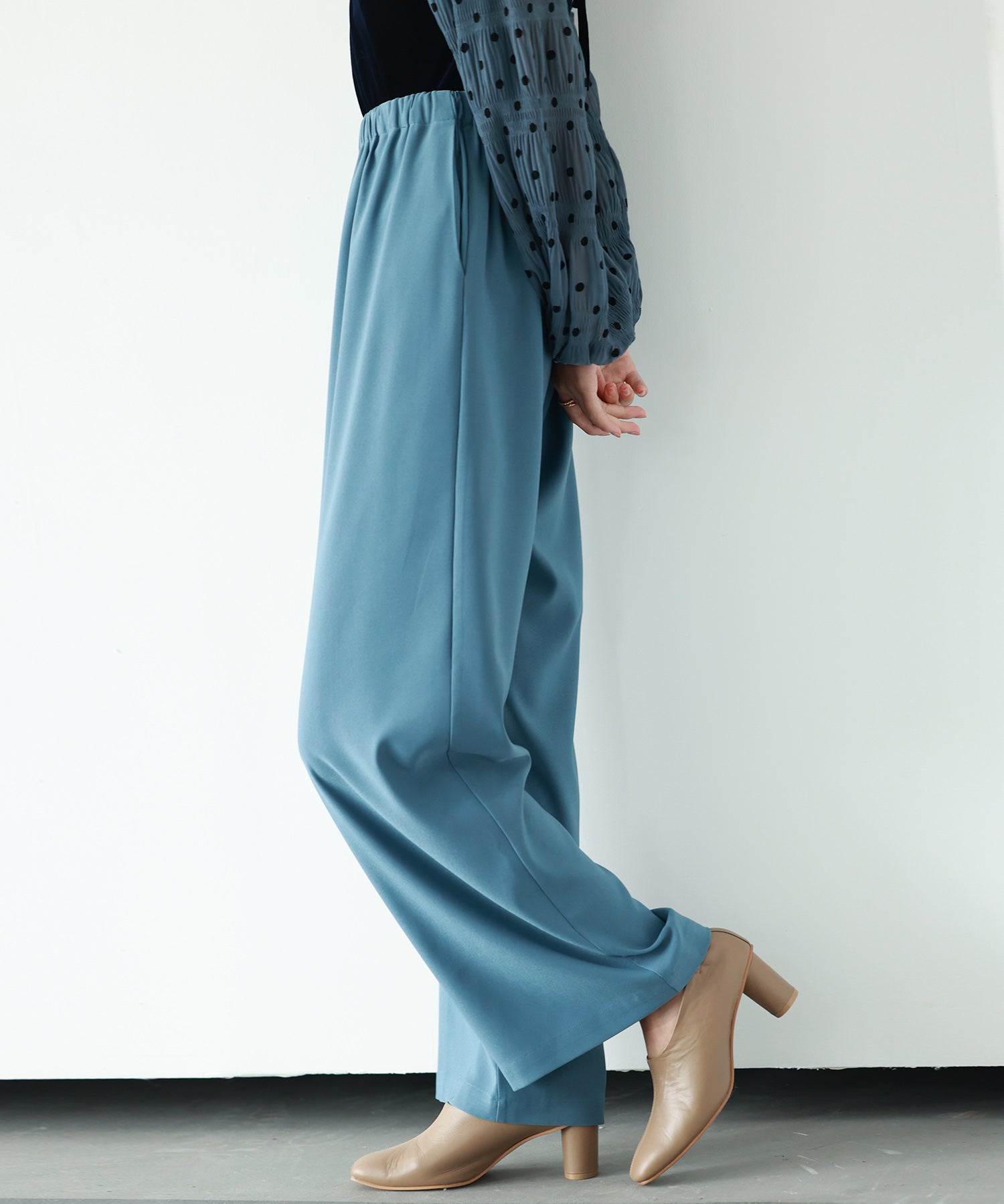 とろみ素材ウエスト総ゴムワイドパンツsdp0102 ブルー