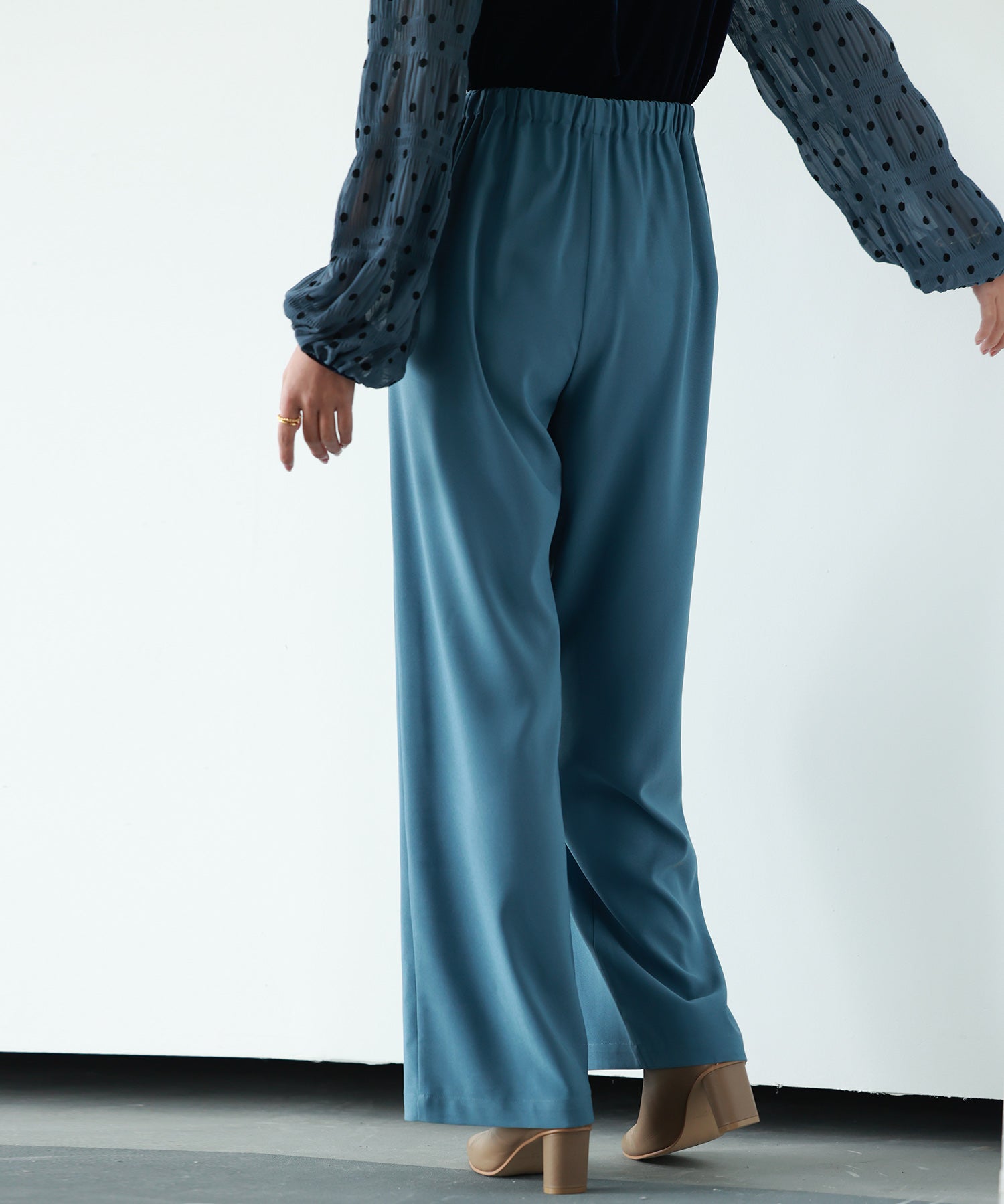 とろみ素材ウエスト総ゴムワイドパンツsdp0102 ブルー