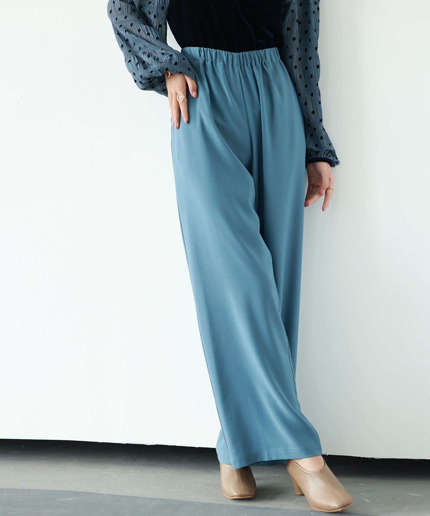 とろみ素材ウエスト総ゴムワイドパンツsdp0102 ブルー