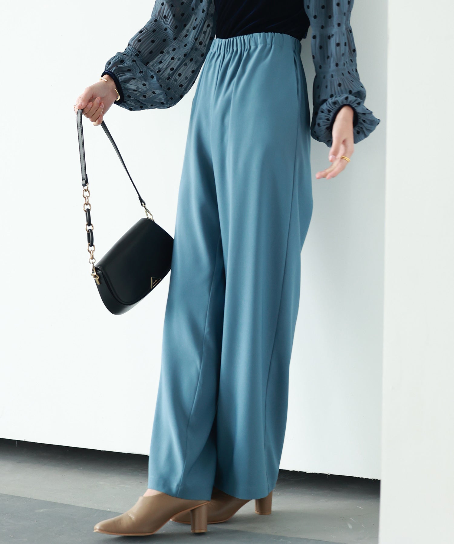 とろみ素材ウエスト総ゴムワイドパンツsdp0102 ブルー