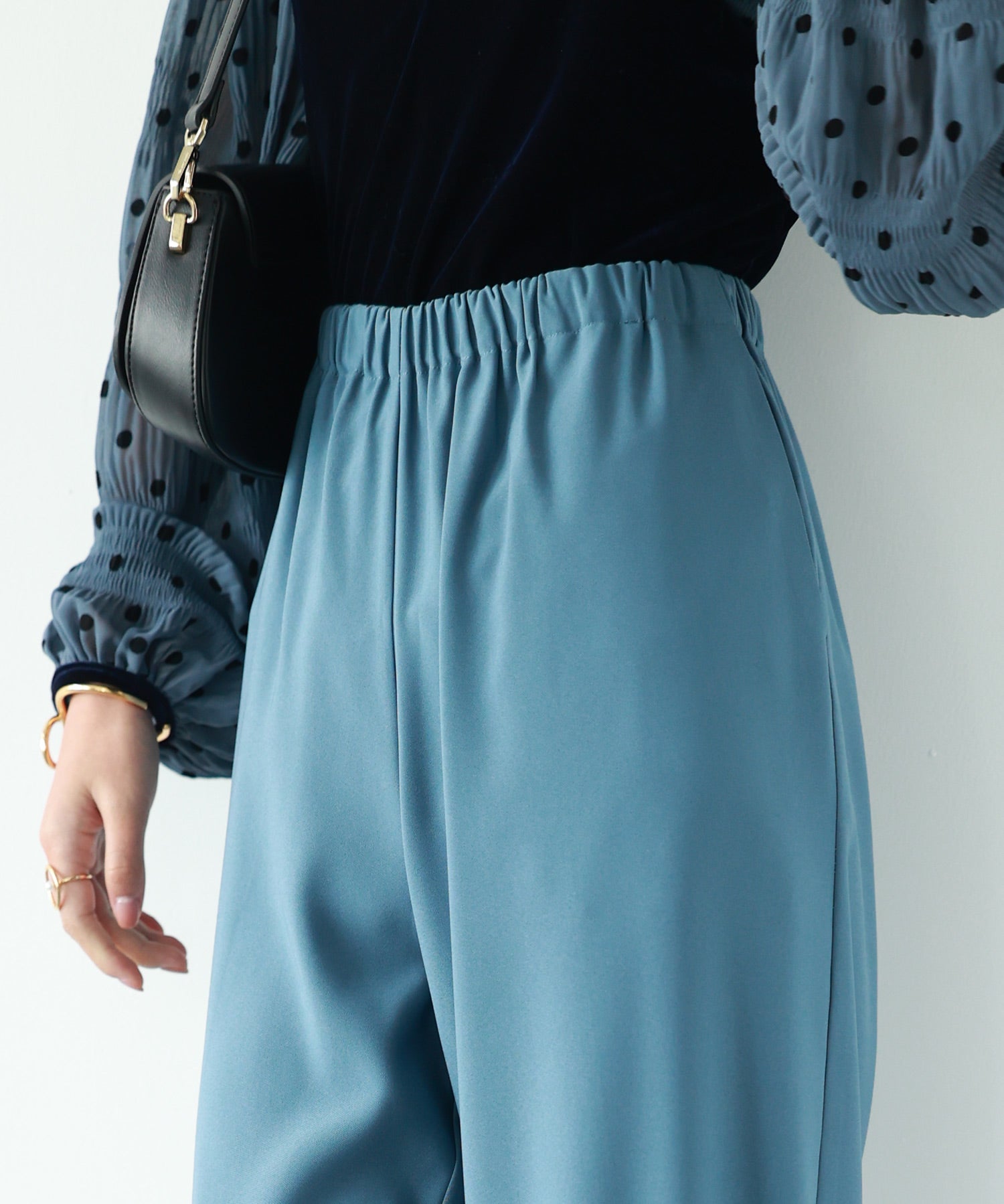 とろみ素材ウエスト総ゴムワイドパンツsdp0102 ブルー