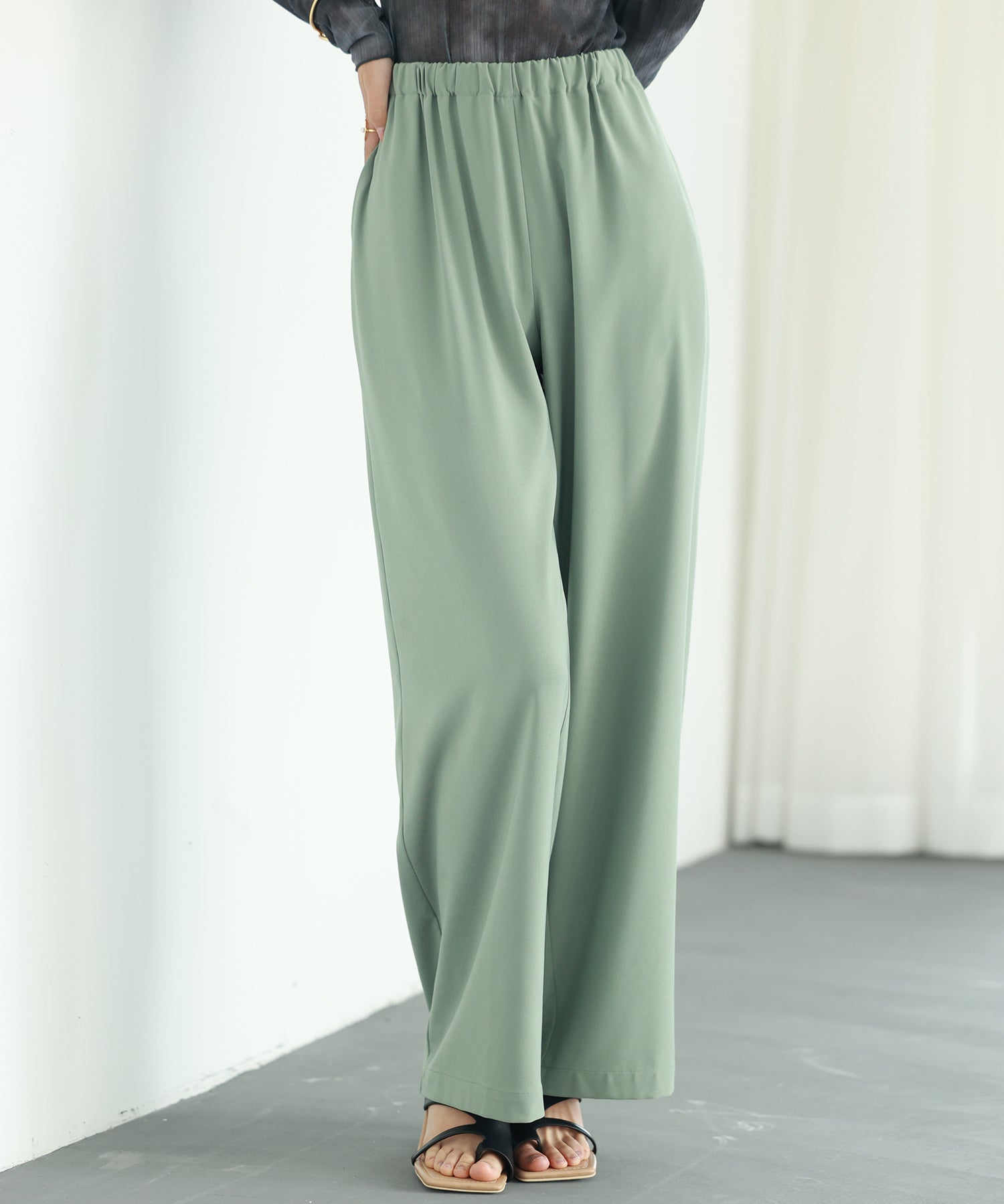 とろみ素材ウエスト総ゴムワイドパンツsdp0102 グリーン