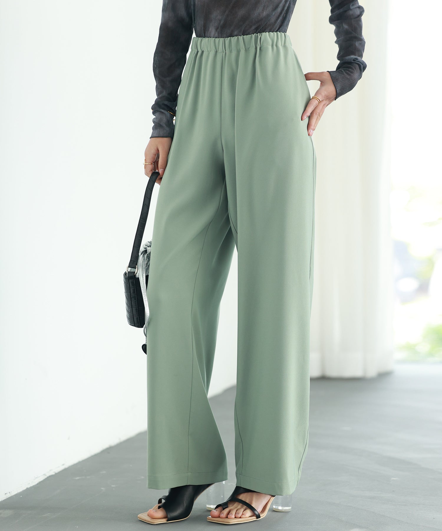 とろみ素材ウエスト総ゴムワイドパンツsdp0102 グリーン