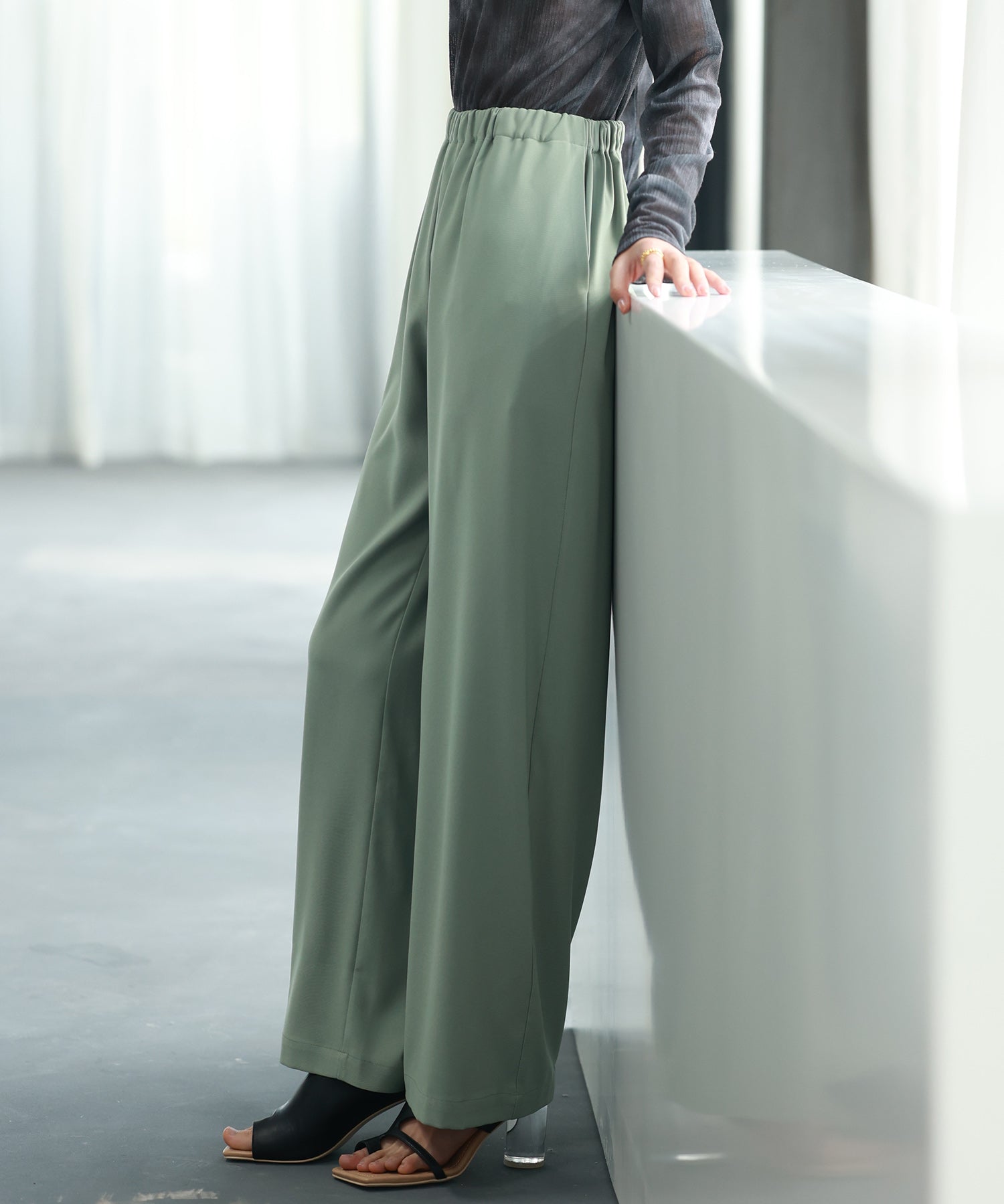 とろみ素材ウエスト総ゴムワイドパンツsdp0102 グリーン