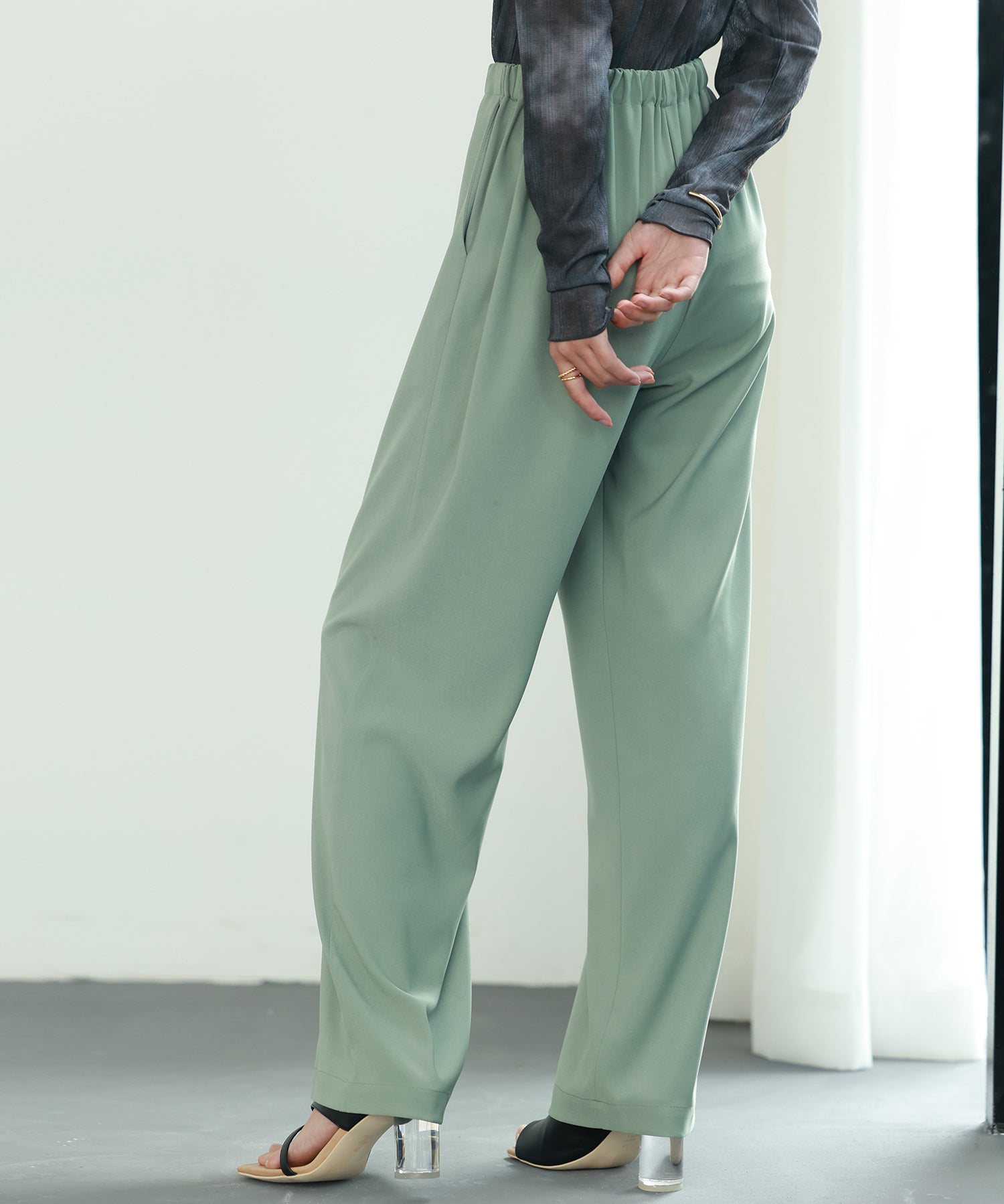 とろみ素材ウエスト総ゴムワイドパンツsdp0102 グリーン