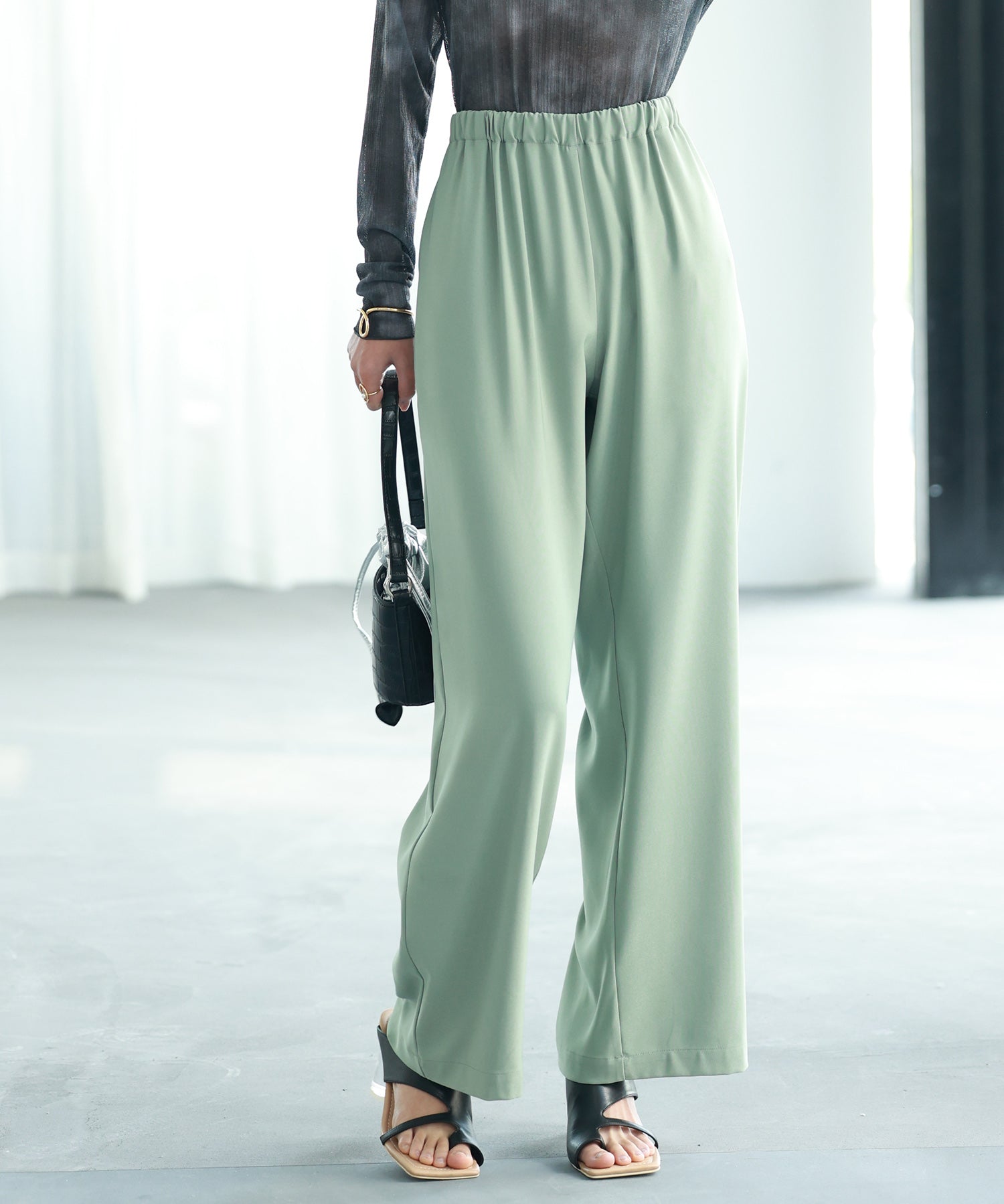 とろみ素材ウエスト総ゴムワイドパンツsdp0102 グリーン
