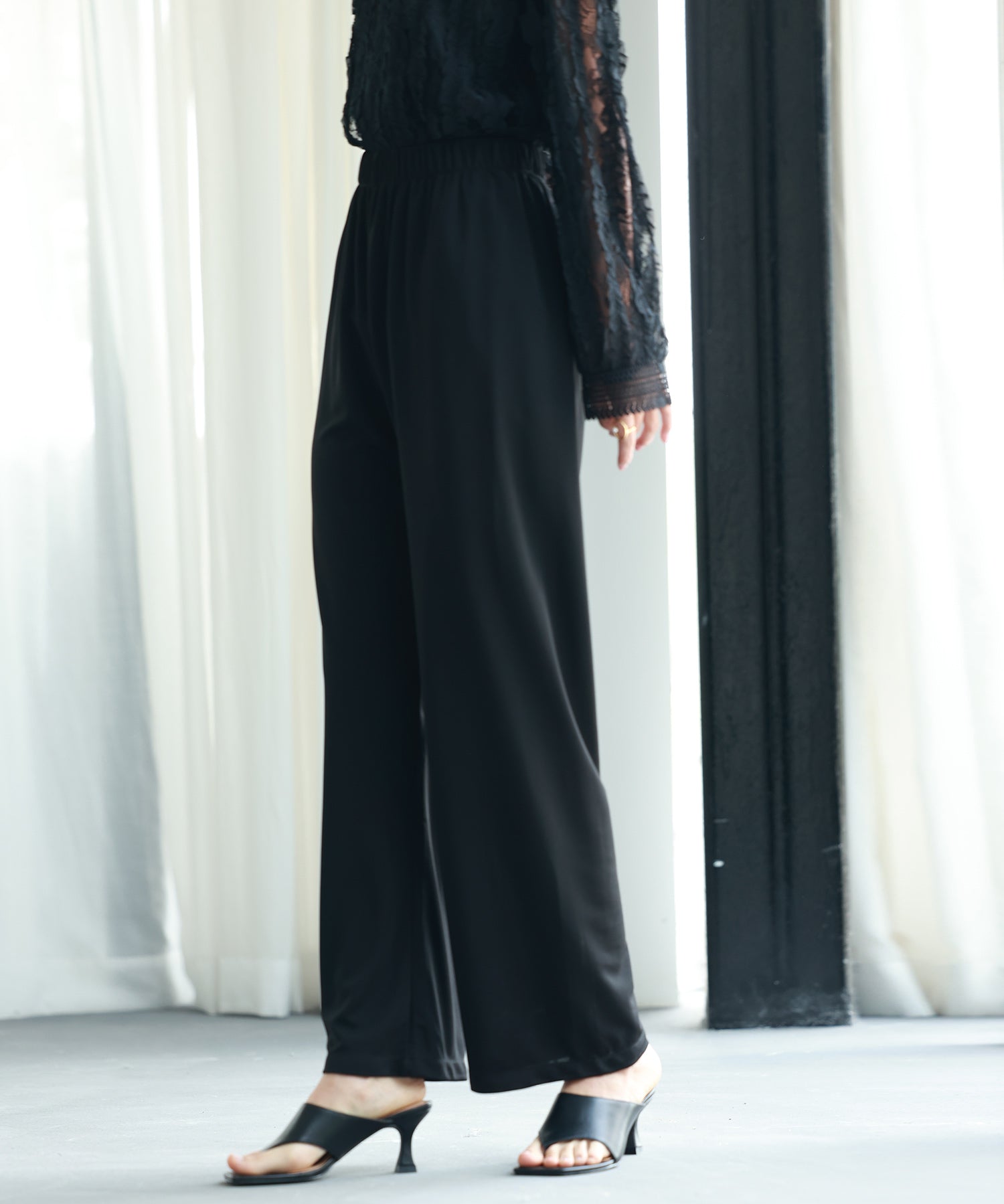 とろみ素材ウエスト総ゴムワイドパンツsdp0102 ブラック