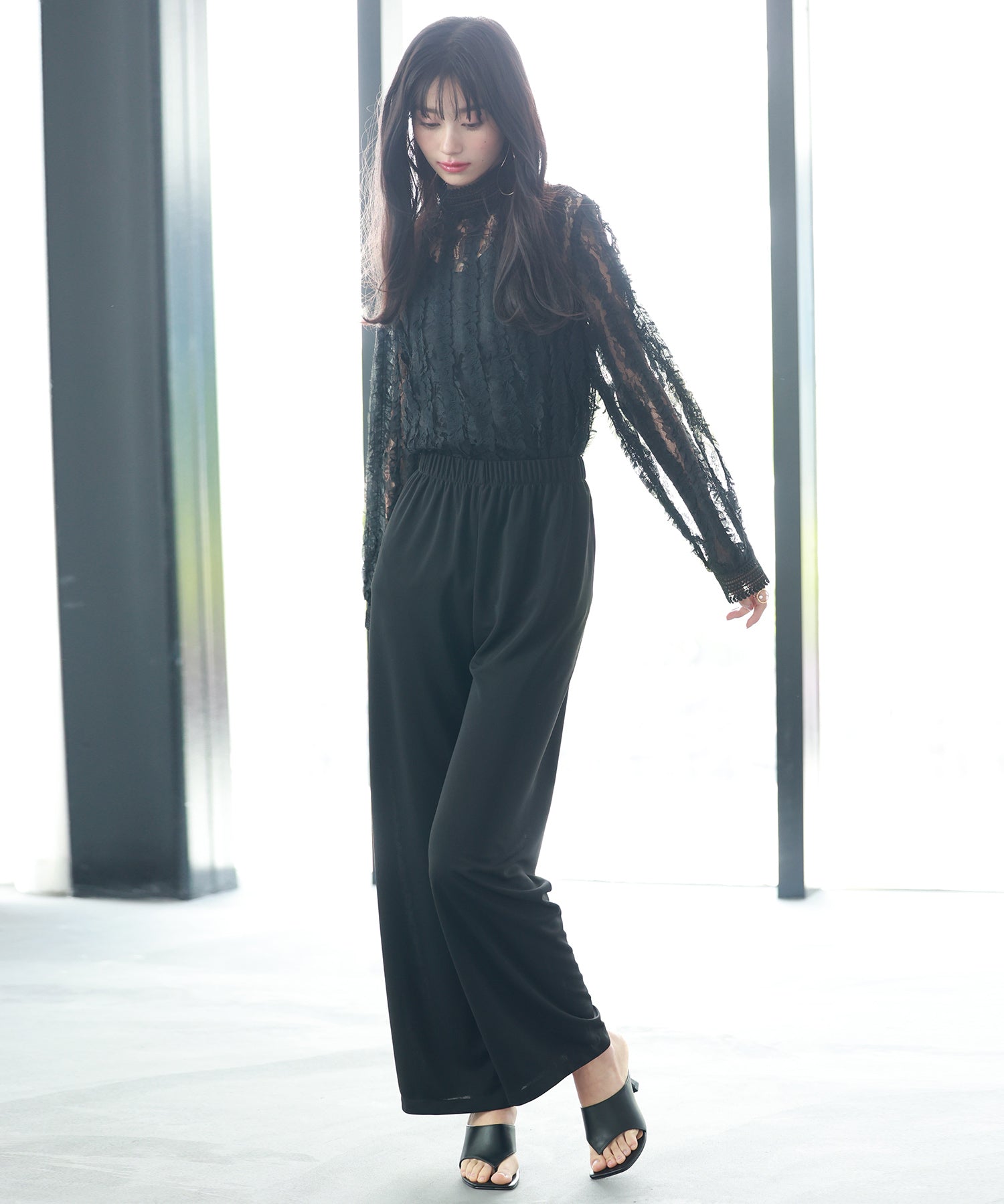 とろみ素材ウエスト総ゴムワイドパンツsdp0102 ブラック