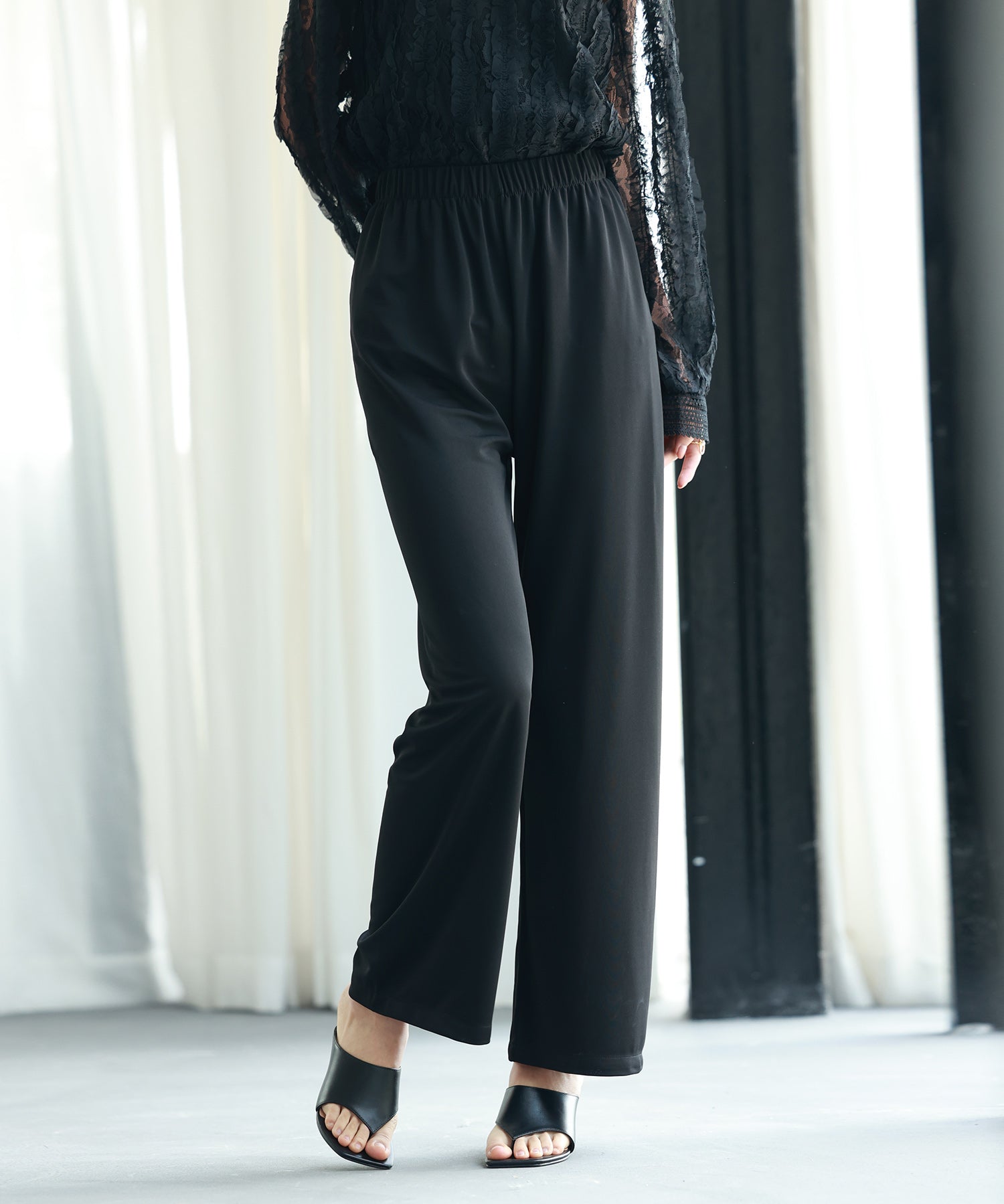 とろみ素材ウエスト総ゴムワイドパンツsdp0102 ブラック