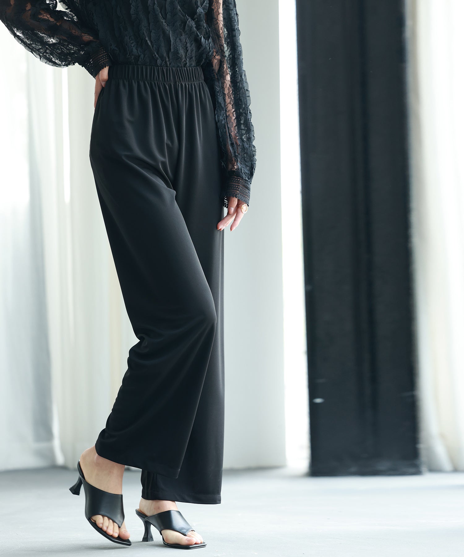 とろみ素材ウエスト総ゴムワイドパンツsdp0102 ブラック