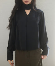 チョーカーネック長袖ブラウスsdp0130 ブラック